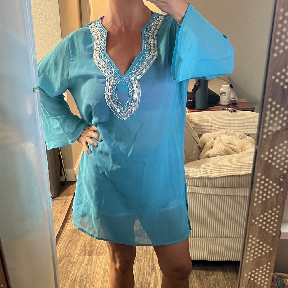 Chic Turquoise Embroidered Swim Cover-Up